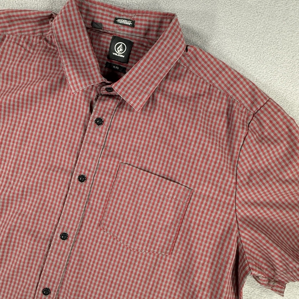 Volcom Men's Size XL Modern Fit Micro-Check Pattern Button Up Shirt Red Gray
